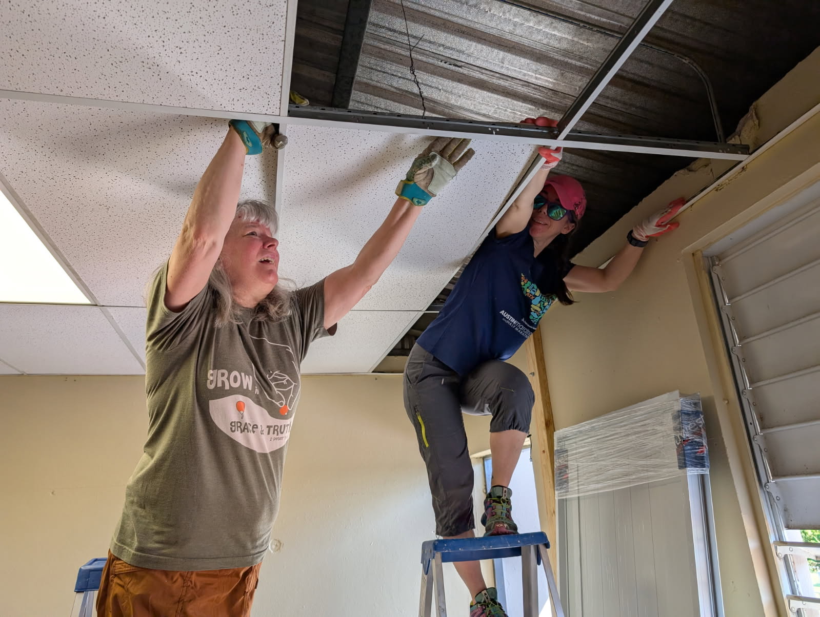 105666387836504329 Val Williamson and Tess Doornink were the dream team when it came to installing new ceiling tiles and lights..
