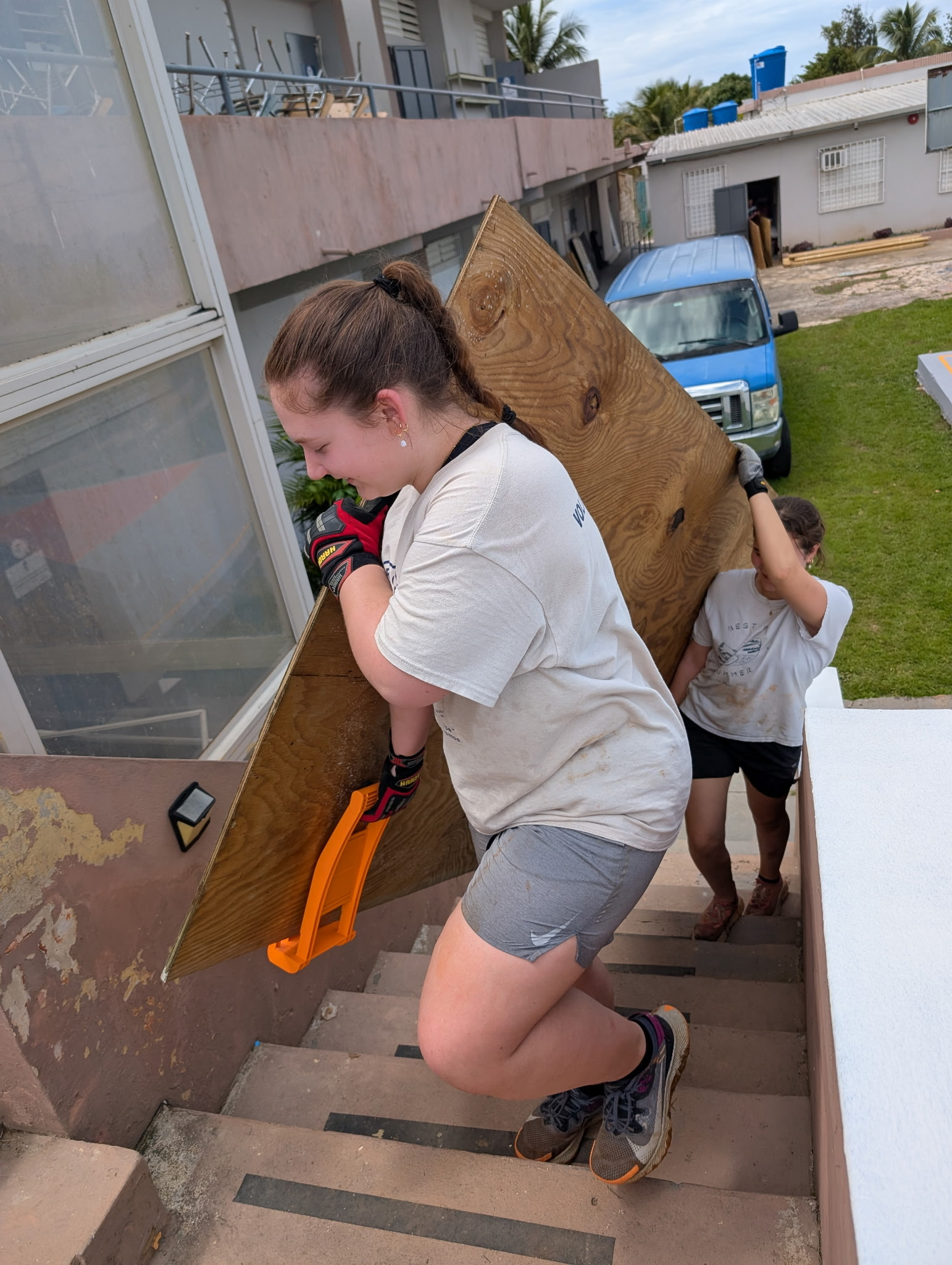 264161950630532638 2 When you have to bring 40 sheets of plywood up two flights of stairs, it's all hands on deck.